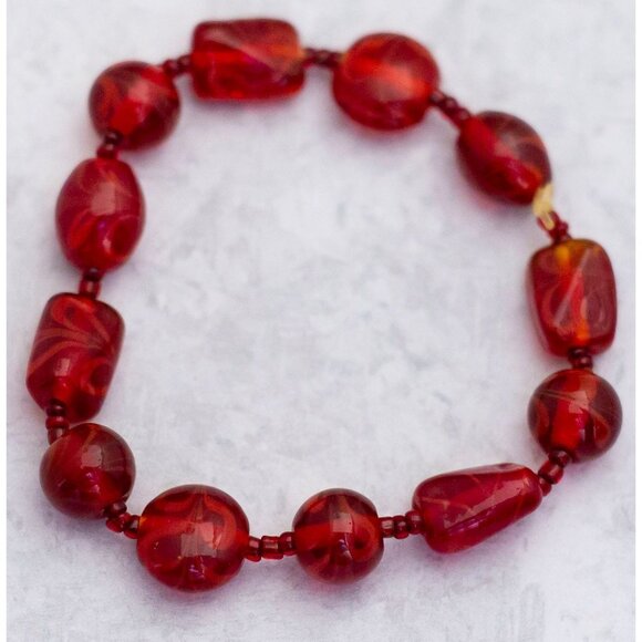 6 inch, Vintage Red Glass Oval Art Deco Faux Ruby Gem Beaded Bracelet - CT1 - Picture 2 of 3